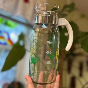 Vintage lemon lime Glass Pitcher with White Handle